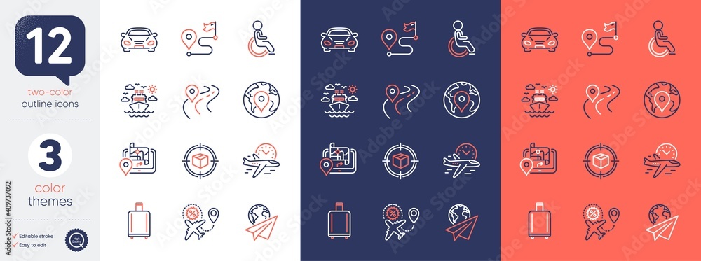 Wall mural Set of Road, Baggage reclaim and Disability line icons. Include Pin, Parcel tracking, Paper plane icons. Flight time, Journey, Car web elements. Flight sale, Ship travel, Gps. Journey highway. Vector