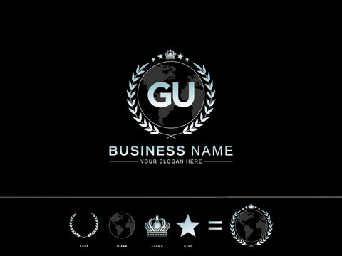 GU g&u Letter Logo, Abstract Initial gu Logo Image and circle Leaf Globe Royal Crown with Creative Star Design