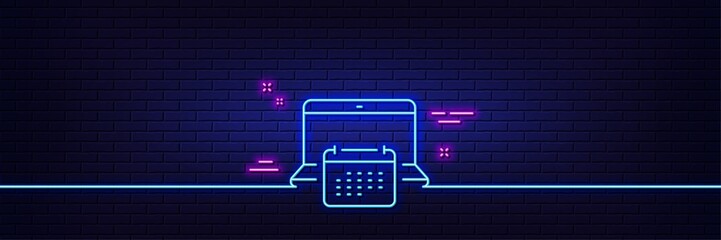 Neon light glow effect. Calendar line icon. Annual planner sign. Laptop event schedule symbol. 3d line neon glow icon. Brick wall banner. Calendar outline. Vector