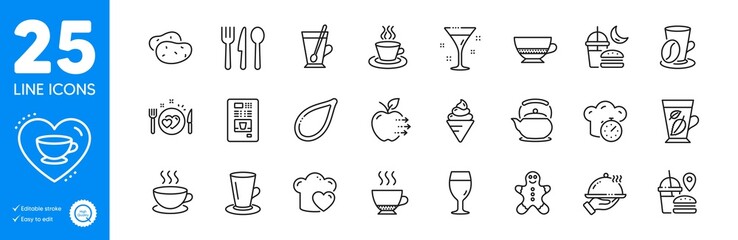 Outline icons set. Love coffee, Cocktail and Tea cup icons. Bombon coffee, Teacup, Teapot web elements. Restaurant food, Tea mug, Mint leaves signs. Cooking timer, Potato, Food delivery. Vector