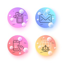 Fototapeta premium Magistrates court, Scroll down and Incoming mail minimal line icons. 3d spheres or balls buttons. Bill accounting icons. For web, application, printing. Vector