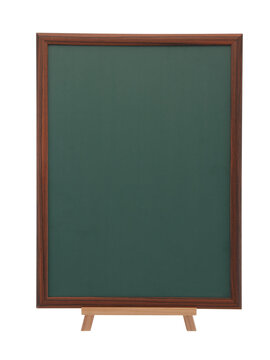 Easel with empty vertical chalkboard,  empty blackboard isolated on white background.