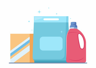 Washing powder, fabric softener gel, clothes washing products in various packaging, set. Plastic container with detergency liquid. Vector illustration.