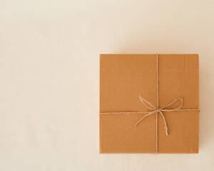 Brown paper packages top view. Empty gift box with copy space.