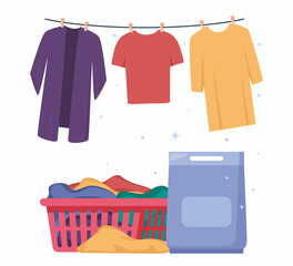 Laundry infographics with different stages of washing process. Washing clothes. Dirty linen, pile of clean clothes. Clothes on clothesline. Washing powder. Vector illustration.