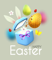 Easter poster template with flowers, eggs, gift box and bunny. Holiday design.