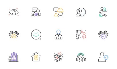 Inclusion, Builders union and Insurance hand line icons for website, printing. Collection of Agent, Working hours, Smile face icons. Time management, Engineering team, Health eye web elements. Vector