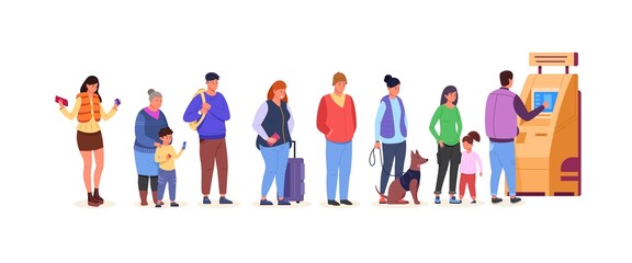 Fototapeta premium ATM queue. People queueing salary in bank machine, standing crowd line, withdraw card turning digital payment in cash, transaction money deposit, cartoon garish vector illustration