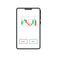 Application for trading on the stock exchange. Japanese candlestick chart on the screen of a mobile phone with the function of buying and selling securities. Vector illustration.