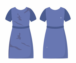 Dirty untidy women's dress with stains and neat clean dress. Fresh cotton clothes with removed mud. Soiled and tidy washed garment. Washing clothes concept. Vector illustration.