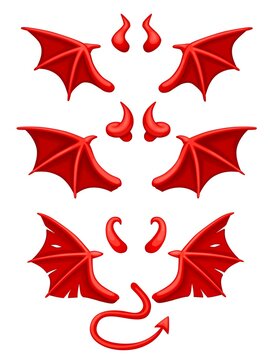 Cartoon devil wings. Tail demon monster horns, red evil wing, hell costume bad character, mischief satan, religion elements, set flat utter isolated vector