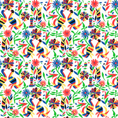 Seamless pattern in Mexican Otomi embroidery style. Bright flowers and birds on a white background.