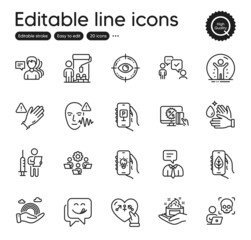 Set of People outline icons. Contains icons as Vaccination announcement, Voice wave and Electric app elements. Eye target, Teamwork, Cyber attack web signs. Genders, Painter, People elements. Vector