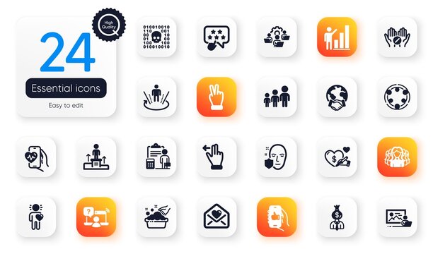 Set of People flat icons. Social care, Medical tablet and Manager elements for web application. Ranking star, Women group, Accounting icons. Inclusion, Face protection. Vector