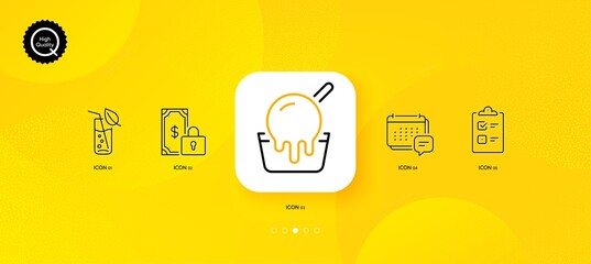 Fototapeta na wymiar Ice cream, Private payment and Message minimal line icons. Yellow abstract background. Water glass, Checklist icons. For web, application, printing. Vector