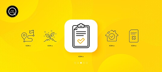 Fototapeta na wymiar Startup concept, Delete file and Checklist minimal line icons. Yellow abstract background. Journey, House security icons. For web, application, printing. Vector