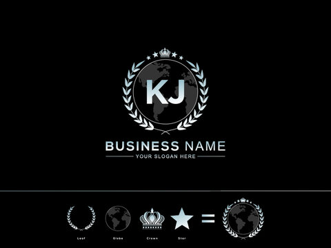 KJ jk letter logo design, Premium monogram letter kj initials logotype and New circle Leaf Globe Royal Crown with Star Logo Design