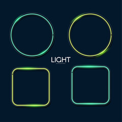 Shining neon square and circle banner set. Simple light element collection on blue background. Golden light.