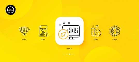 Fototapeta na wymiar Report, Chemistry flask and 5g wifi minimal line icons. Yellow abstract background. Coronavirus, Web system icons. For web, application, printing. Research file, Laboratory, Wireless internet. Vector