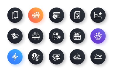 Minimal set of Add purchase, Cloud computing and Breathable mattress flat icons for web development. Energy, Pay money, Journey icons. Fireworks stars, Smartphone, Arena stadium web elements. Vector