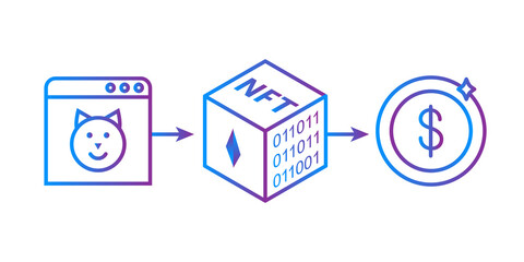 NFT technology and digital art concept. Minting nonfungible token with digital certificate on a blockchain in order to sell it for cryptocurrency. Modern cryptographic art trade and transaction.