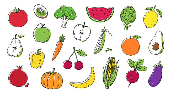 Set of fruits and vegetables - corn, broccoli, beetroot, tomato, carrot, avocado, apple, pear, lemon, banana, orange and others. Organic healthy food. Vector hand-drawn illustration in doodle style.