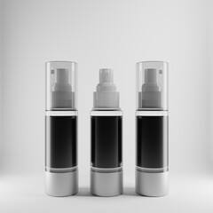 three bottles spray with blank label a front view 3d render