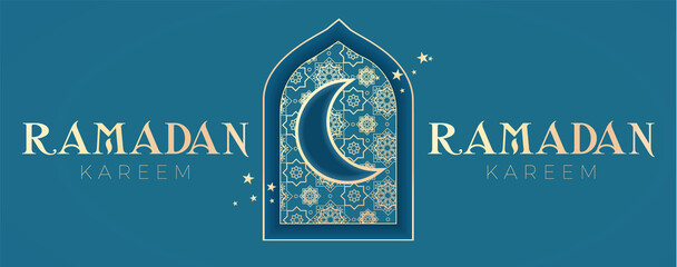 Ramadan Kareem Greeting with Mosque Door, Gold Oriental Pattern and Crescent Moon with Stars.