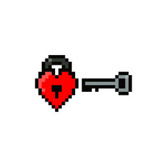 Pixel art key illustration. Vector pixel key from heart in pixelated mosaic retro game style. 8 bit vintage decor for valentine day. Pixel heart key isolated icon on white background.