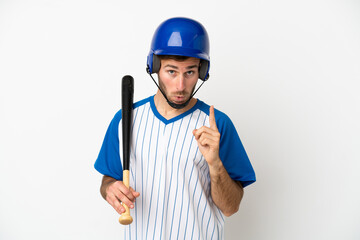 Young caucasian man playing baseball isolated on white background intending to realizes the solution while lifting a finger up