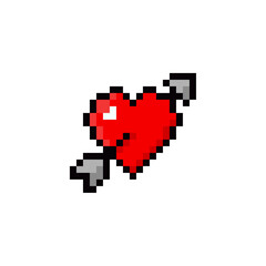 Fototapeta premium Heart arrow Icon. Pixel art style. Greeting card design for wedding, love and Valentine's Day. Knitted style. Embroidery design. Isolated vector illustration.