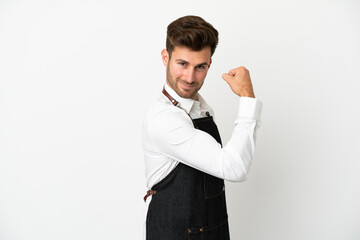 Restaurant caucasian waiter isolated on white background doing strong gesture