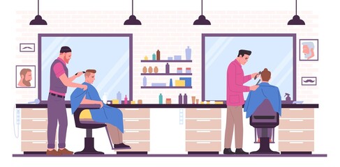 Barbershop interior. Hair salon. Beauty studio with professional tools and mirrors. Gentlemen characters sitting in armchairs. Barbers haircutting and making hairstyles. Vector concept