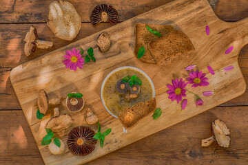 Mushroom soup  on a wooden table