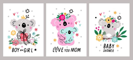 Cute koala greeting cards. Australian bears in flowers with baby text. Mom and kids characters. Funny mammals family. Nature creatures with eucalyptus and gifts. Vector jungle animals set