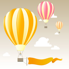 The balloon. Vector balloon with a balloon flag and clouds on a delicate background. Vector illustration.
