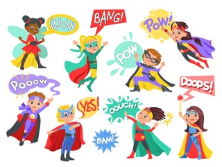Super kids with comic speech bubbles. Children with color capes and masks. Funny brave boys and girls characters in costumes. Superheroes standing in heroic poses. Vector young heroes set