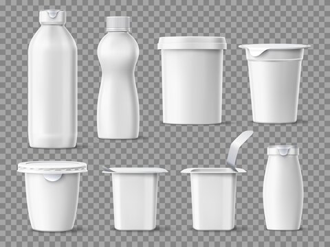 Realistic yogurt package. 3D white plastic containers for dairy products. Milk desserts jars and bottles mockups for branding. Different size and shape. Vector isolated food packaging set