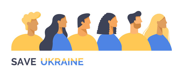 Save Ukraine. People against the war. Vector male and female Ukrainian characters. For peace and freedom. Cartoon illustration i nflat design. 