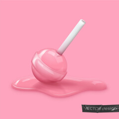 Realistic pink glossy melted candy on a stick, lollipop in caramel puddle. Look like 3d rendering. Vector illustration for card, party, design, flyer, poster, decor, banner, web, advertising.