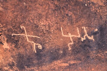 Petroglyphs Rock Paintings St George Utah on Land Hill from Ancestral Puebloan and Southern Paiute Native Americans thousands of years old on Sandstone. USA.