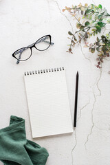 Notepad for writing, pencil, glasses and eucalyptus branch on a light textured background. Planning and organization. Top and vertical view.