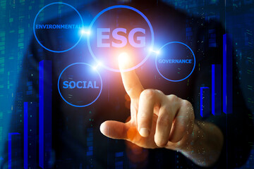 Global ESG technology circular. Man's hand presses a holographic button. Environmental, Social, and...