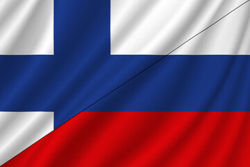 Finland flag. Russia flag. Conflict between Russia and Finland war concept. Russian flag and Finland flag background. Flag with ripples. Horizontal design.