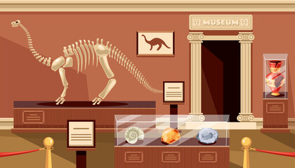 Empty museum room with skeleton dinosaur exhibit concept. Vector flat cartoon graphic design illustration
 - obrazy, fototapety, plakaty