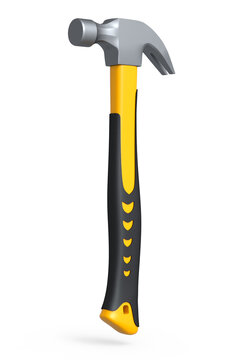 Black and yellow hammer with a rubberized handle isolated on white background