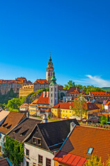 Obraz premium Chesky Krymlov, Czechia - May 4, 2018: View of the historic Centre of medieval town Český Krumlov in South Bohemia region of Czech republic, famous for its outstanding architecture. 