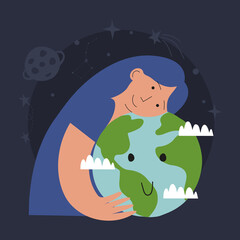 A young woman embraces the green planet Earth with care and love. Vector illustration of Earth Day and the salvation of the planet. The concept of environmental conservation and energy conservation.