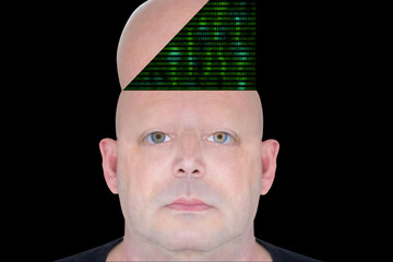 Conceptual image of human programmation. Green binary digits are being inserted in a human mind to...