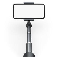 Realistic smartphone with blank white screen and selfie stick isolated on white